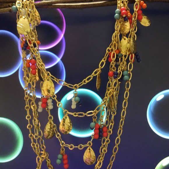 Colorful Gold Chain Charming Necklace Beads Triple Strand Women's Fashion - Picture 3 of 13